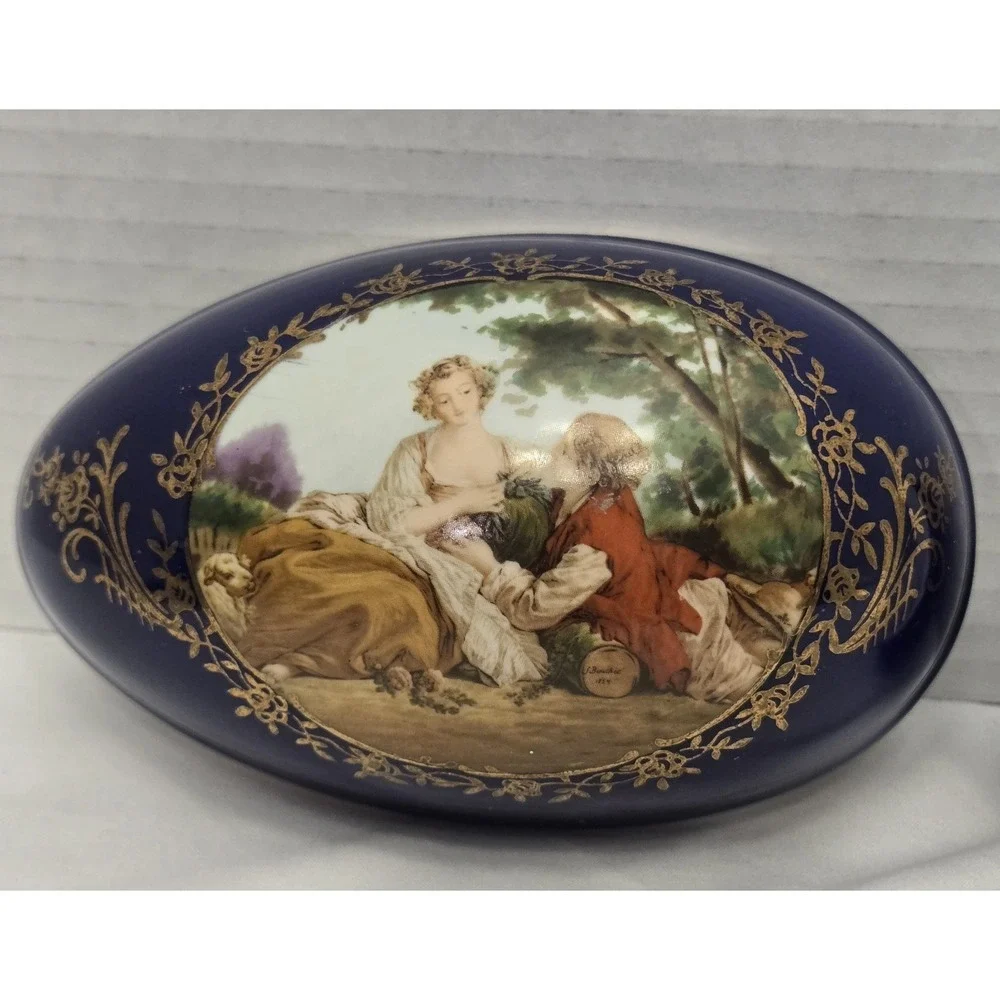 Vtg Cobalt Blue Porcelain Egg Trinket Box Romantic Courting Couple Gold Filagree